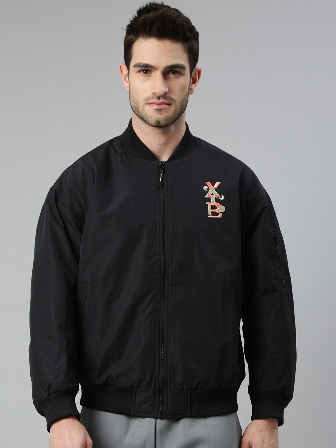 Xtep Graphic Printed Mock Collar Bomber Jacket-image-9
