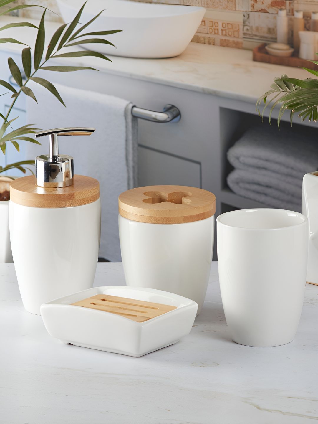 Kookee White & Beige 4 Pieces Ceramic Abstract Bath Accessories Set-image-27