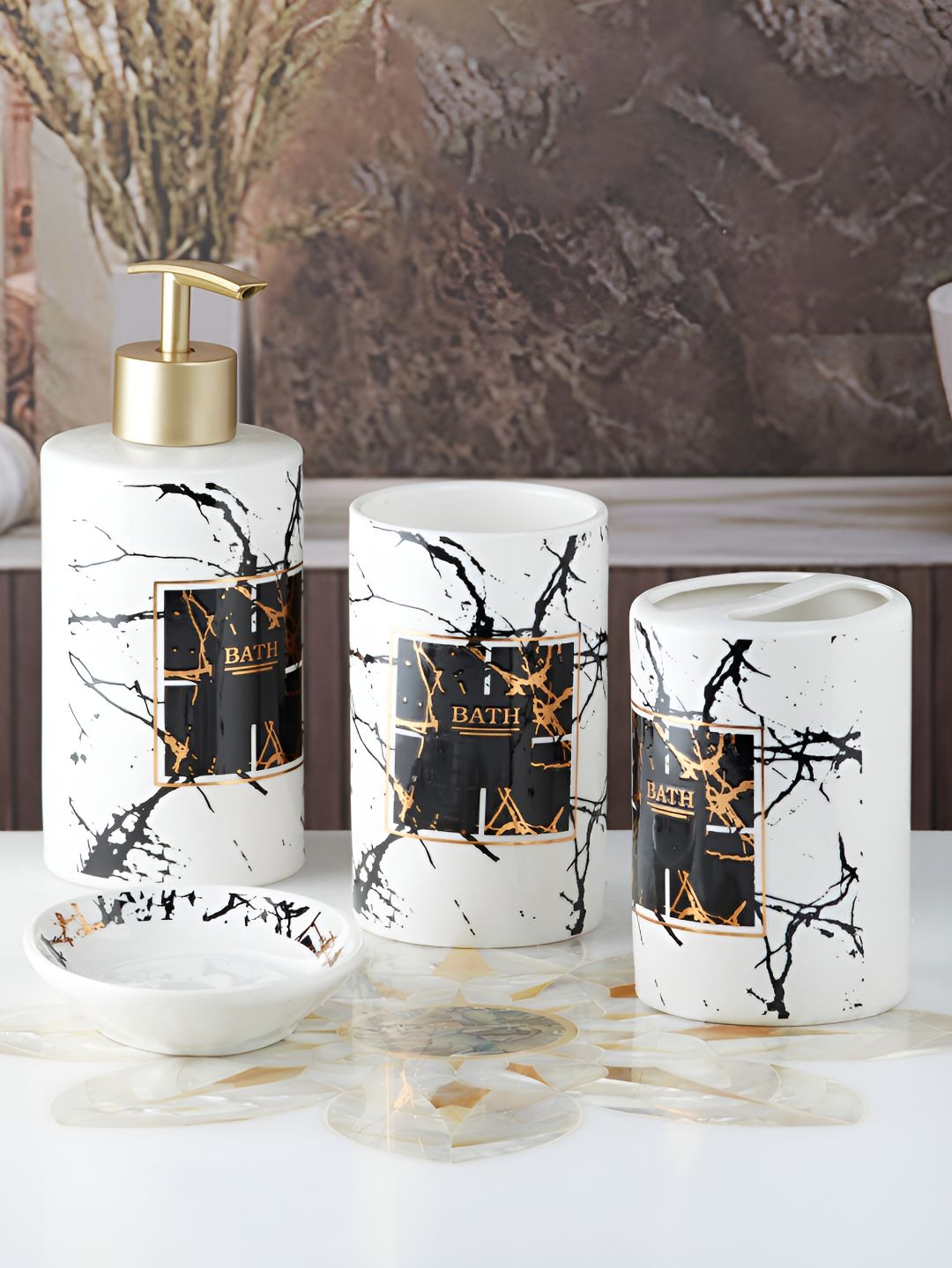 Kookee White & Black 4 Pieces Ceramic Abstract Bath Accessories Set-picture-32