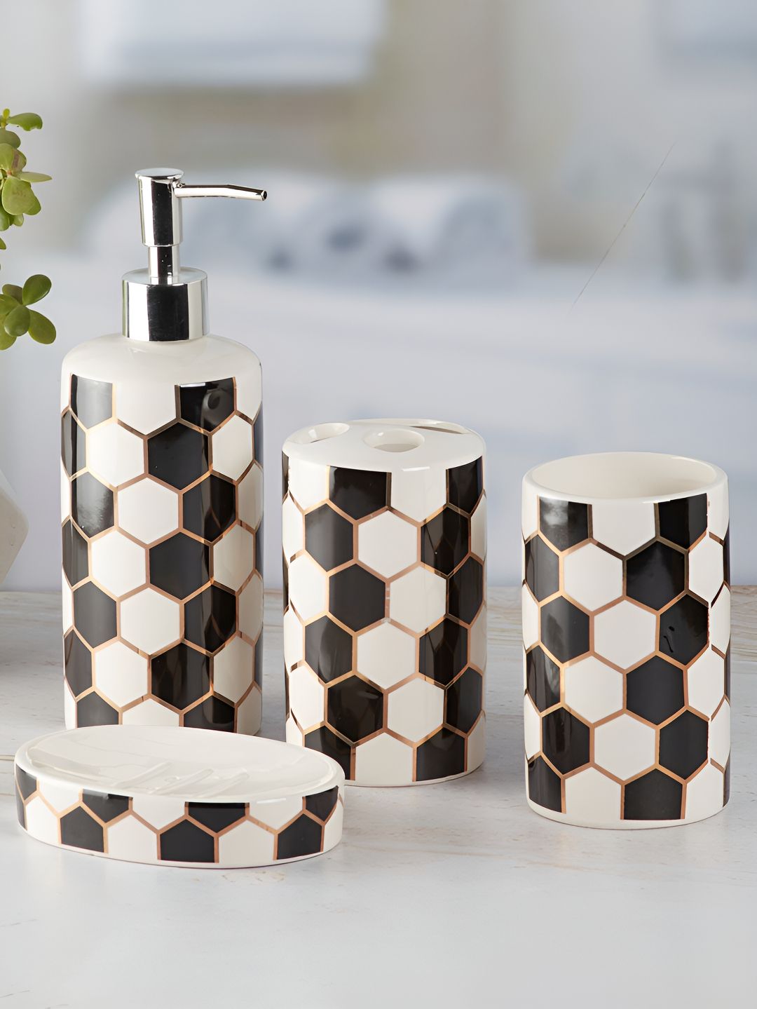 Kookee Off  White & Black 4 Piece Abstract Ceramic Bath Accessories Set-picture-31