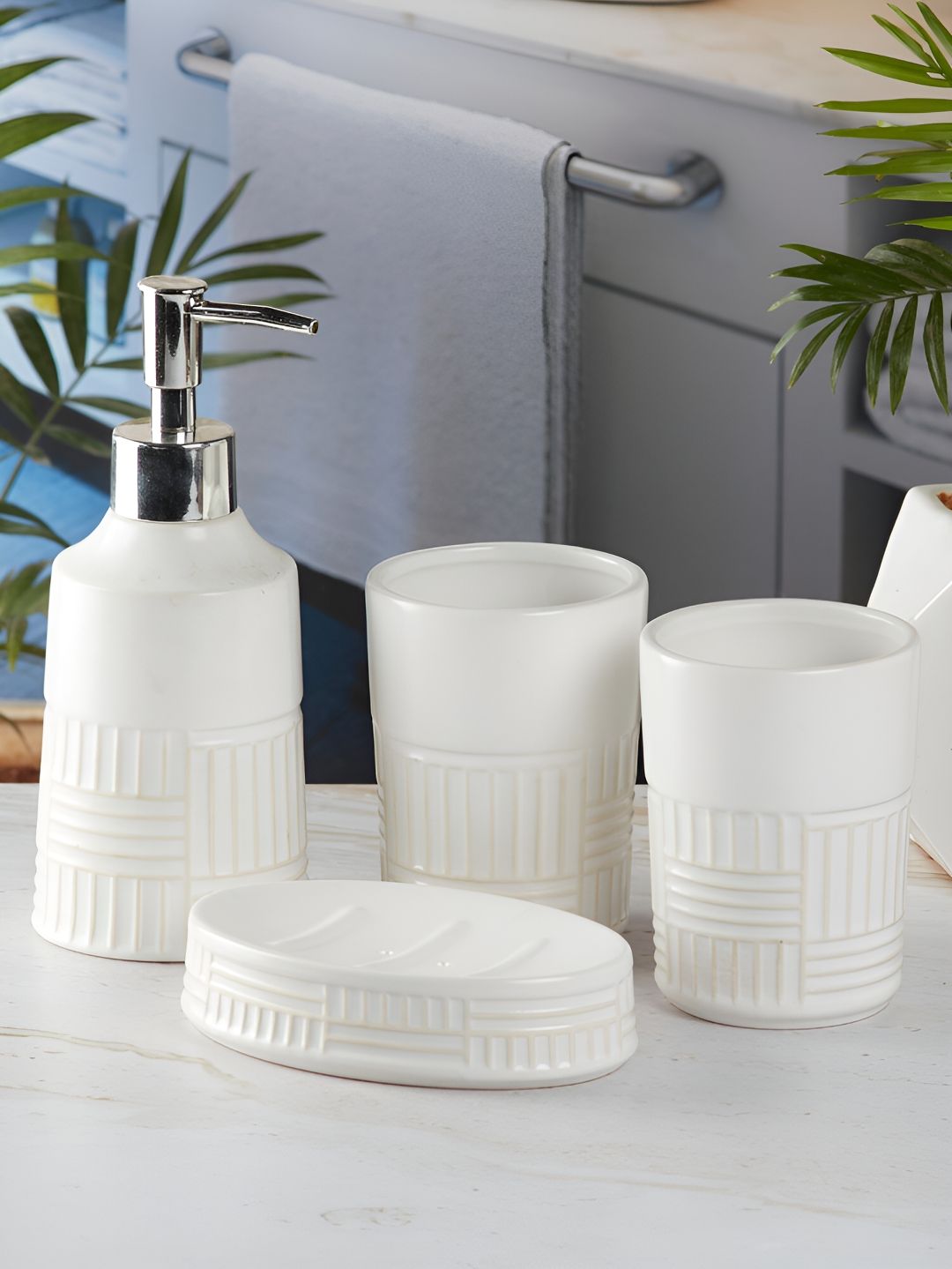 Kookee White & Silver Toned 4 Pieces Ceramic Abstract Bath Accessories Set-image-30
