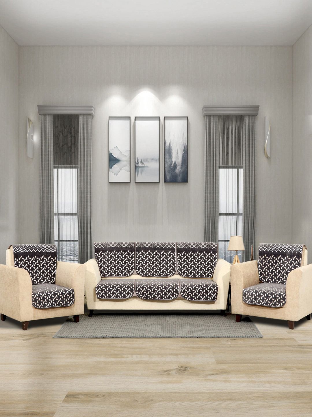 BELLA TRUE Black Checked Polyester 5 Piece Sofa Cover Without Arms-image-34