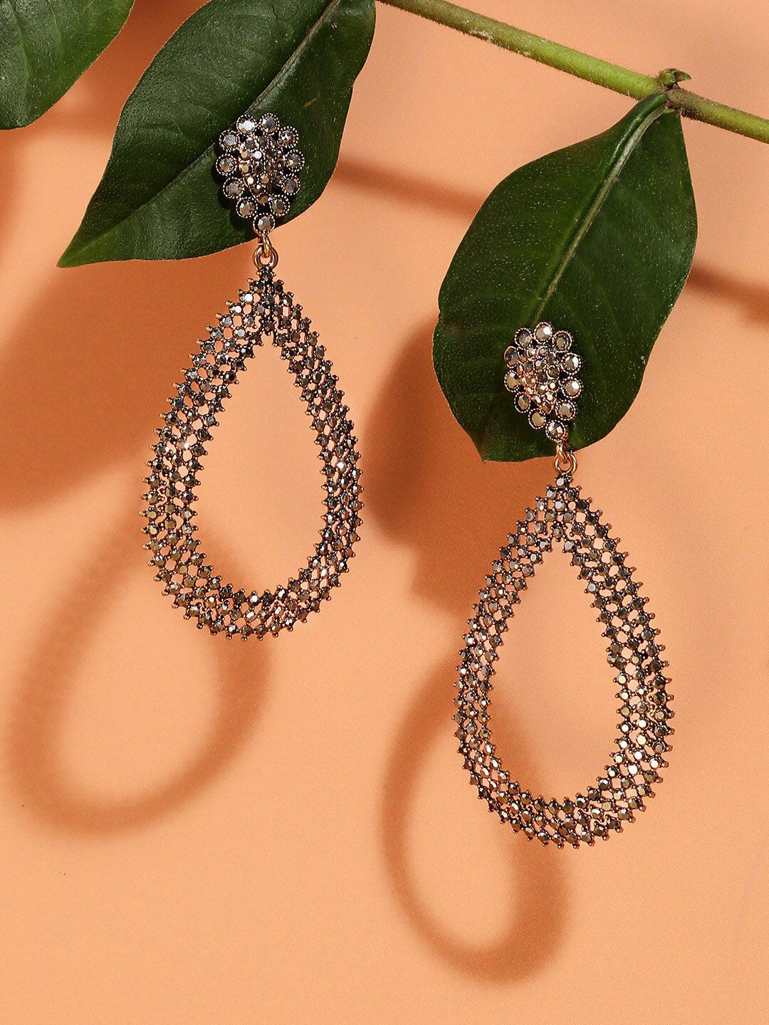 SOHI Silver-Plated Artificial Stones Studded Teardrop Shaped Drop Earrings-picture-53