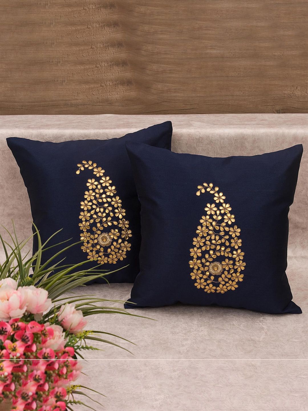 RoyalDeco Navy Blue and Gold Toned 2 Pieces Cushion Covers-picture-12