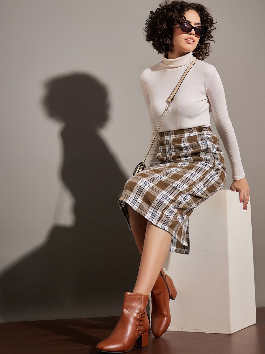 Buy SASSAFRAS Brown Checked Pure Cotton Pencil Midi Skirt - Skirts
