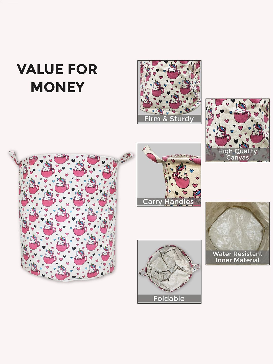 Polka Tots White & Pink Unicorn Printed Water Resistance Laundry Bag-image-31