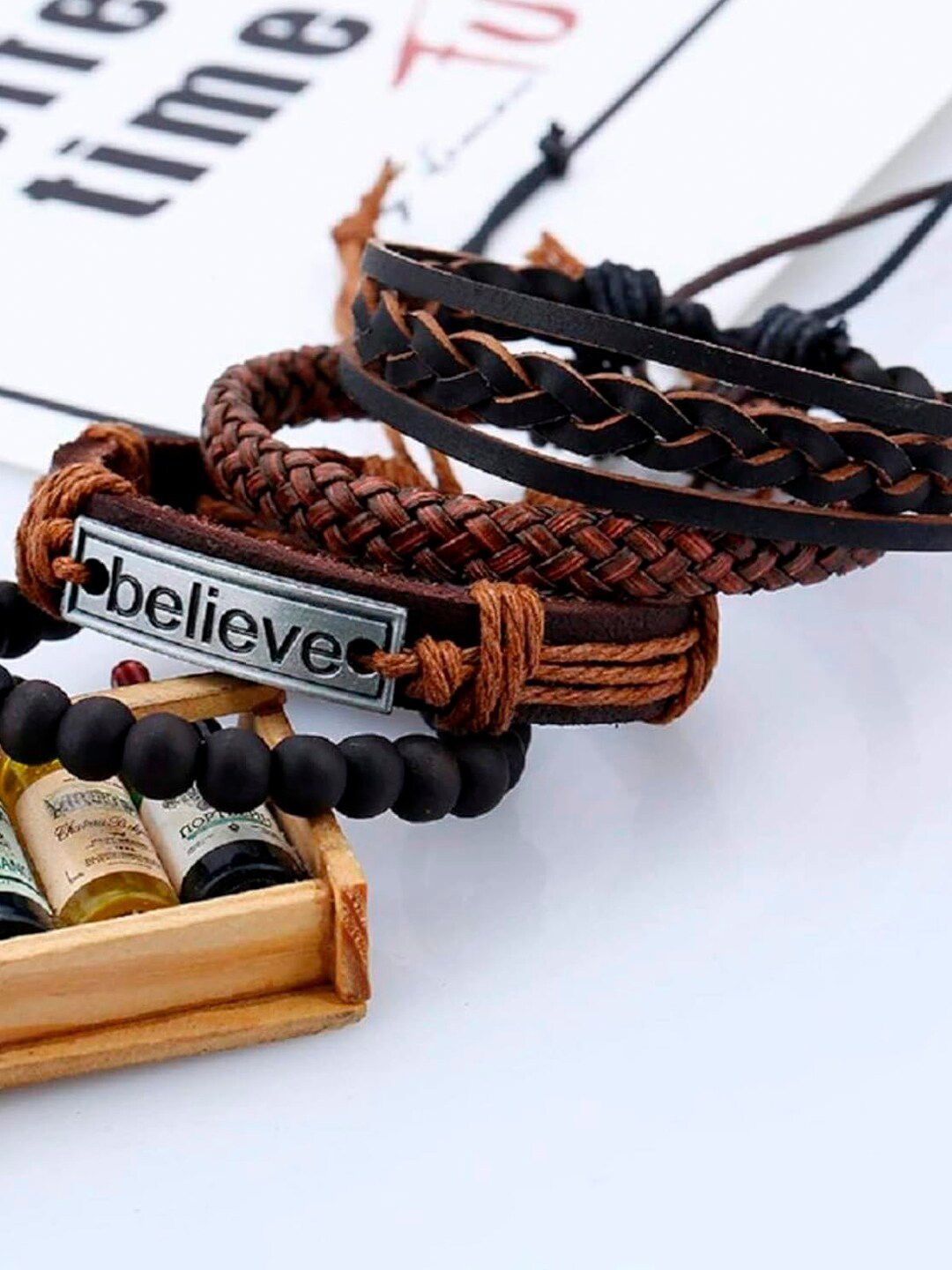 OOMPH Men Set Of 4 Leather Wraparound Bracelet-picture-14