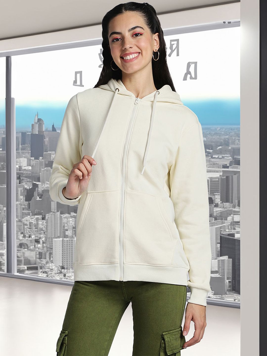 JUNEBERRY Women Off White Solid Cotton Fleece Regular Fit Hooded Bomber Jacket