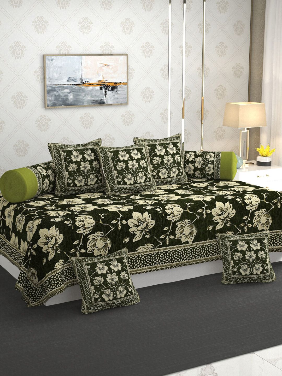 MULTITEX Green Floral 5 Seater Sofa Cover With Table Cover & Diwan Set