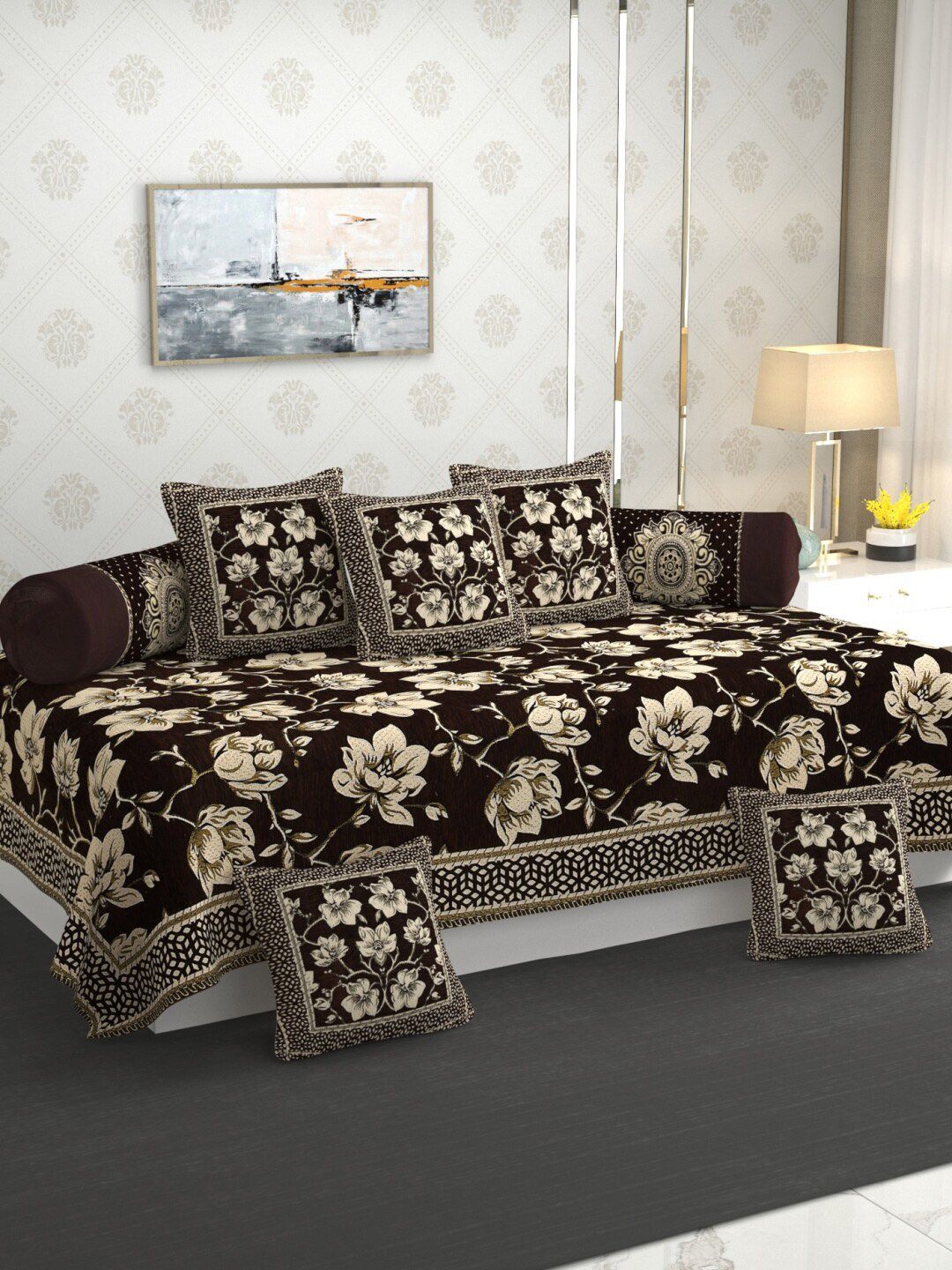 MULTITEX Brown and Beige 5 Pieces Floral Sofa Cover With Table Cover & Diwan Set-image-22