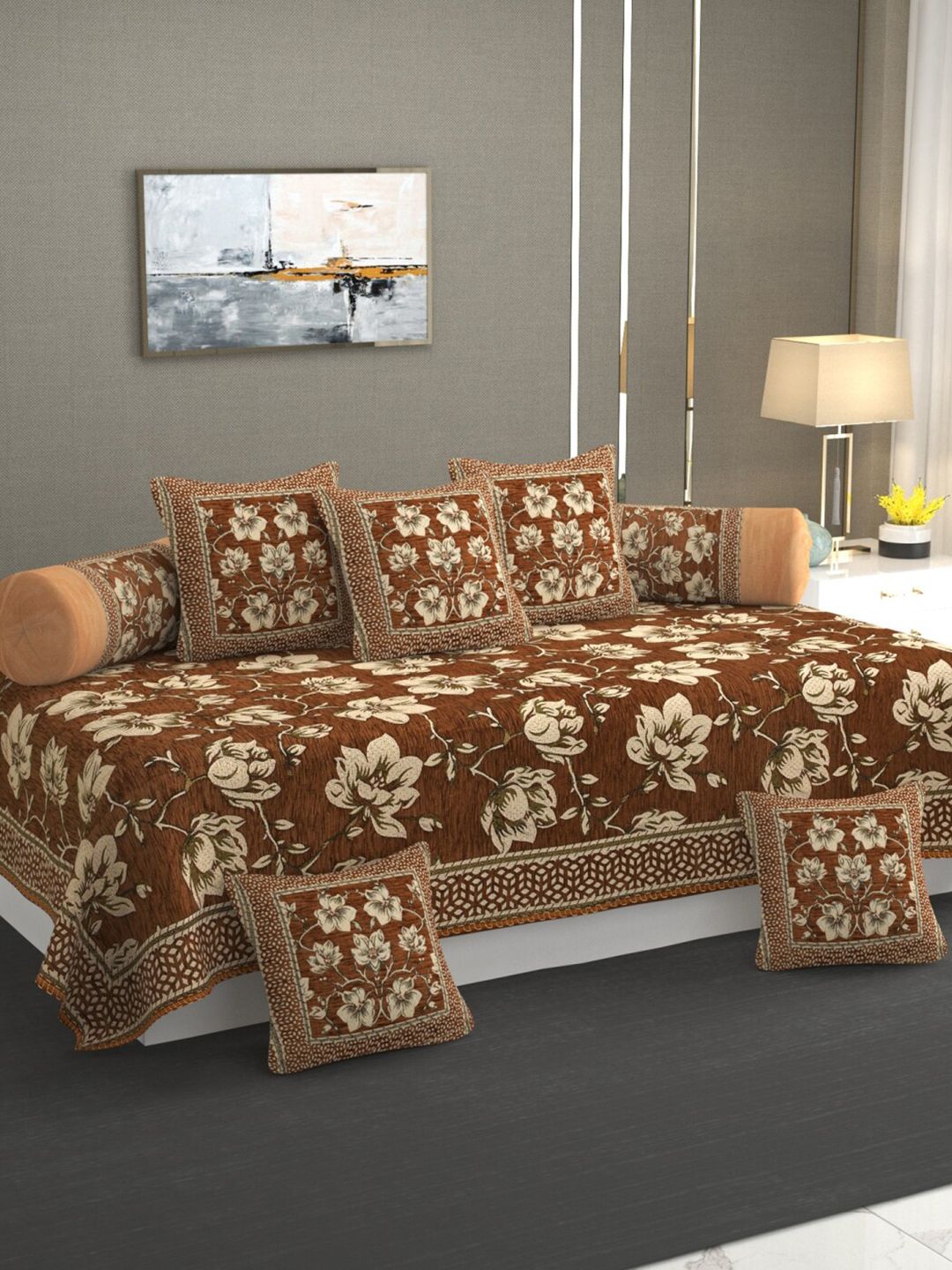 MULTITEX GoldToned and Peach Floral 5 Seater Sofa Cover With Table Cover & Diwan Set-image-15
