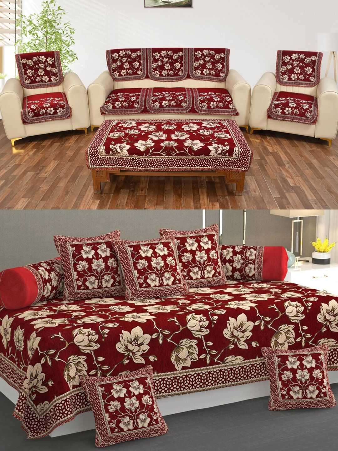 MULTITEX Maroon and Cream 5 Seater Floral Sofa Cover With Table Cover & Diwan Set