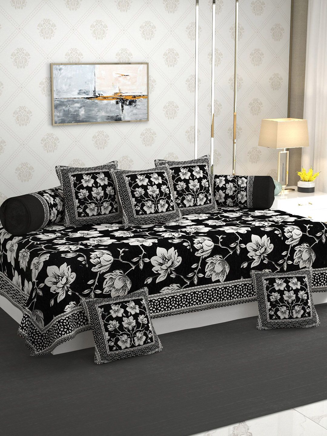 MULTITEX Black and White 5 Seater Sofa Cover With Table Cover & Diwan Set-picture-43