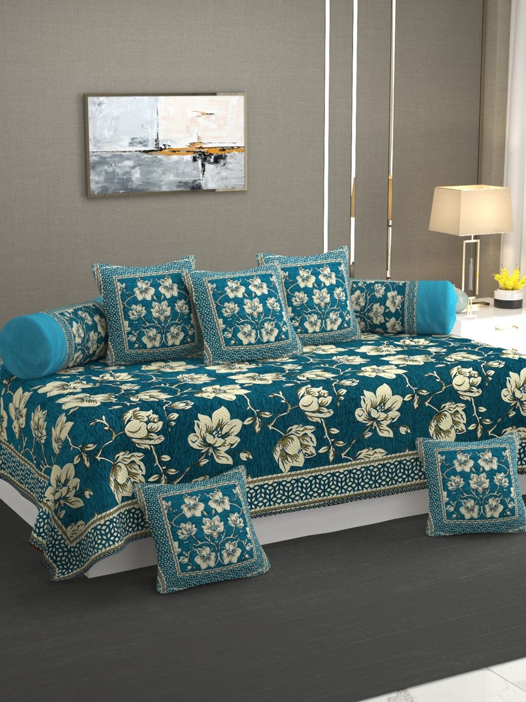 MULTITEX Turquoise Blue and Green 5 Seater Floral Sofa Cover With Table Cover & Diwan Set-picture-47