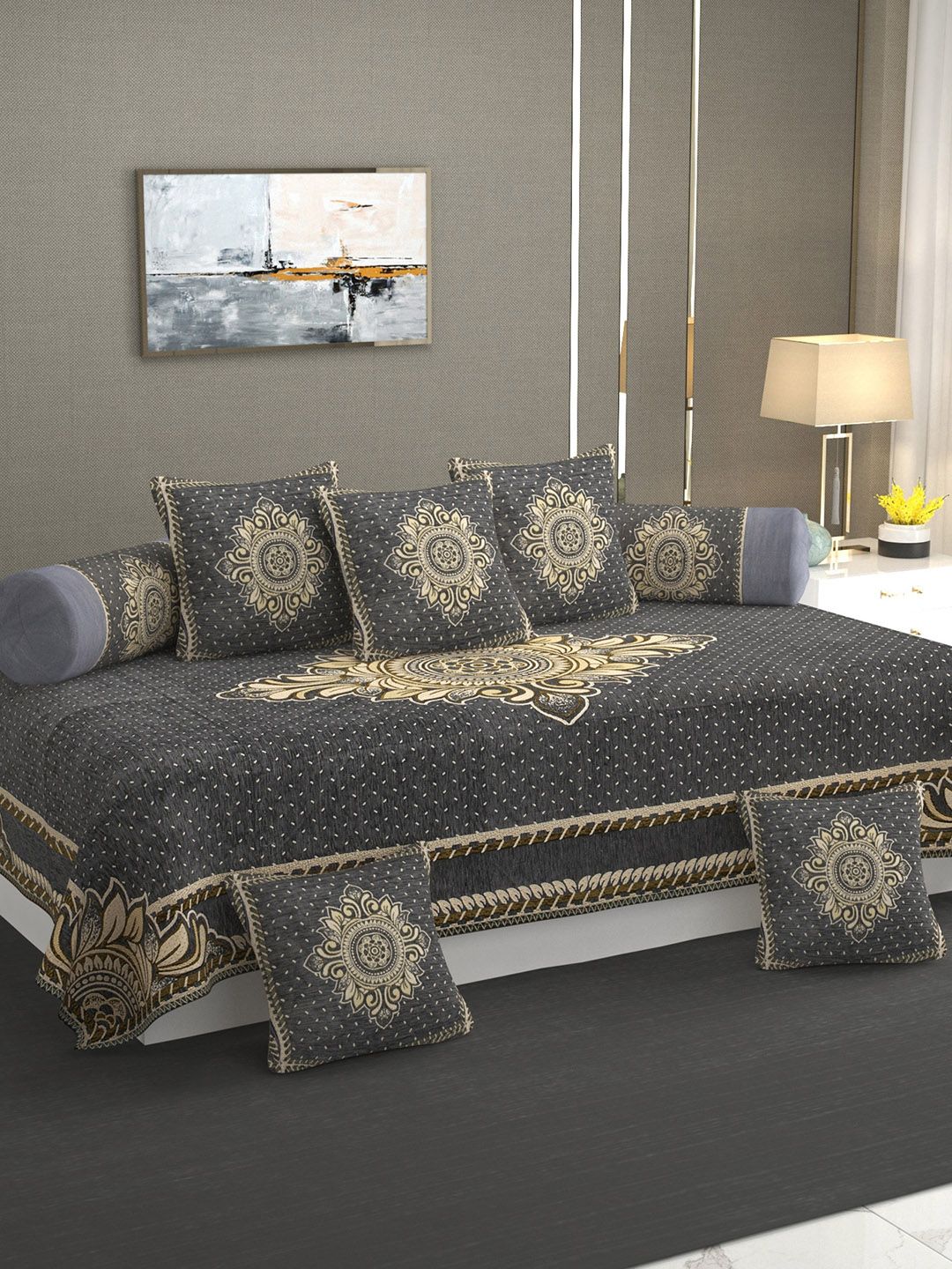 MULTITEX Grey Ethnic Motifs Velvet 5 Seater Sofa Cover With Table Cover & Diwan Set-picture-18