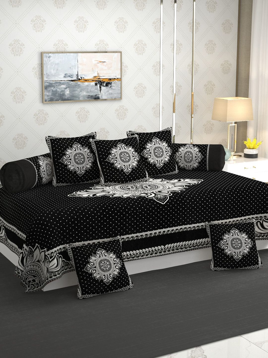 MULTITEX Black Ethnic Motifs Velvet 5 Seater Sofa Cover With Table Cover & Diwan Set-picture-57