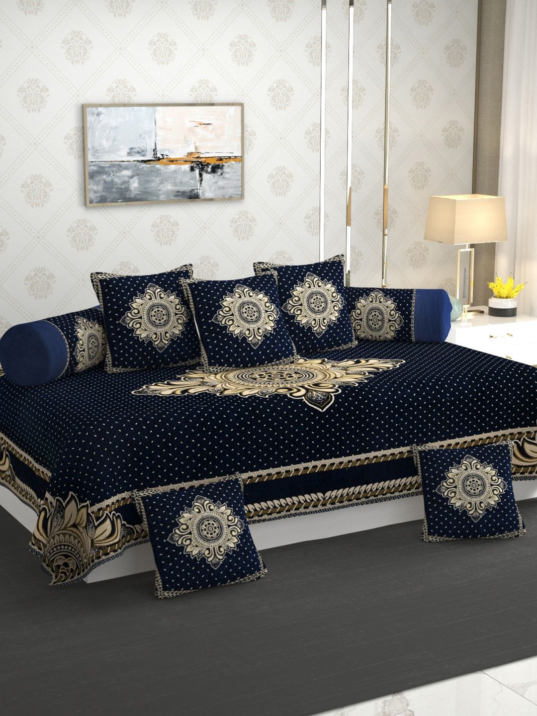 MULTITEX Navy Blue Ethnic Motifs Velvet 5 Seater Sofa Cover With Table Cover & Diwan Set