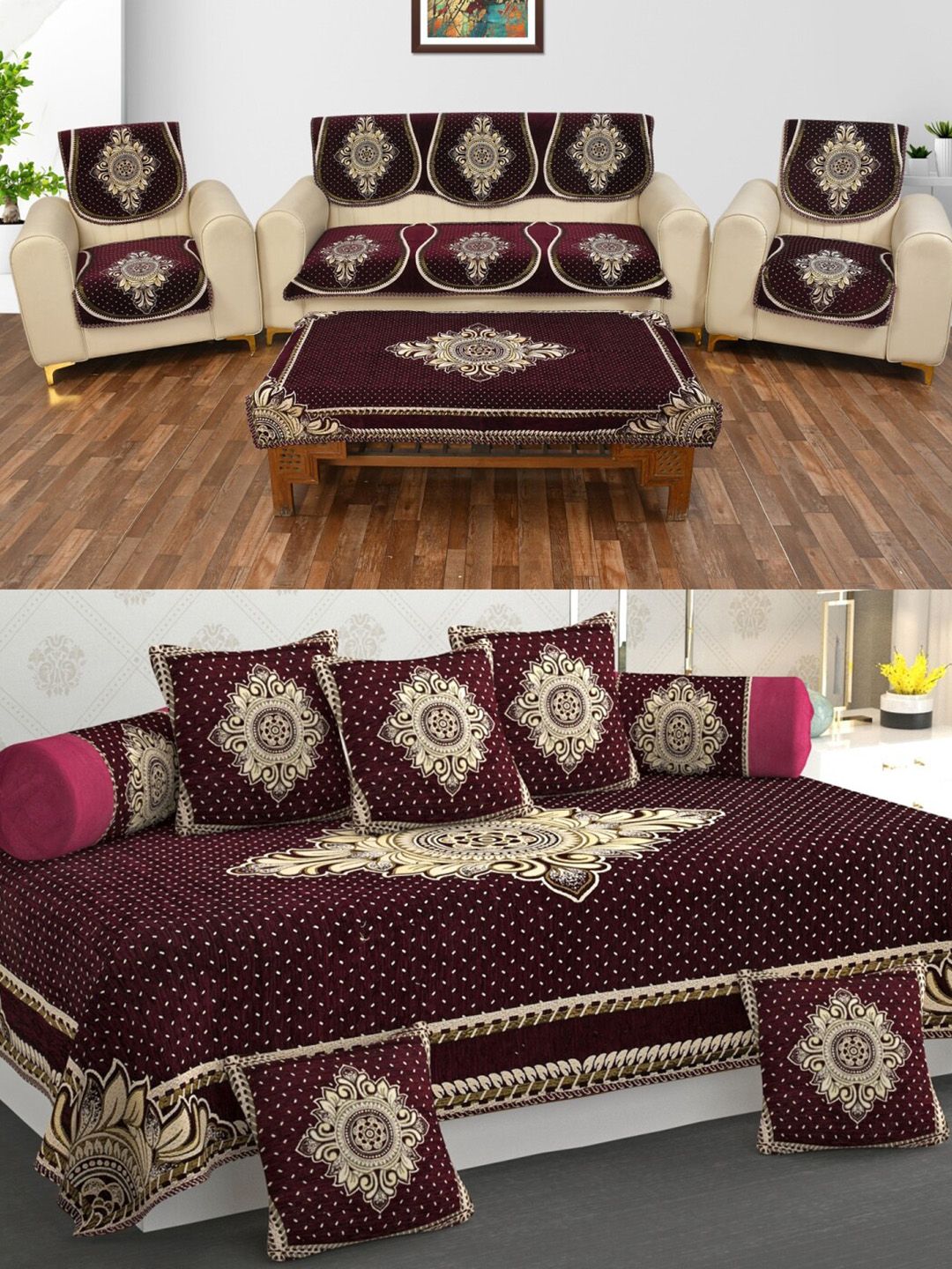 MULTITEX Purple Ethnic Motifs 5 Seater Sofa Cover With Table Cover & Diwan Set-picture-40