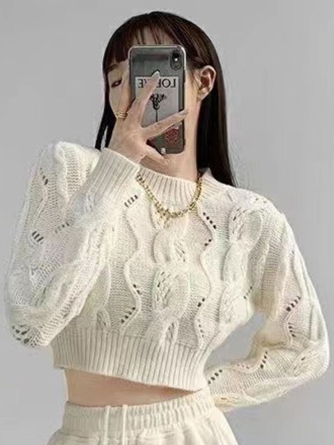 StyleCast White Self Design Round Neck Crop Top-picture-34