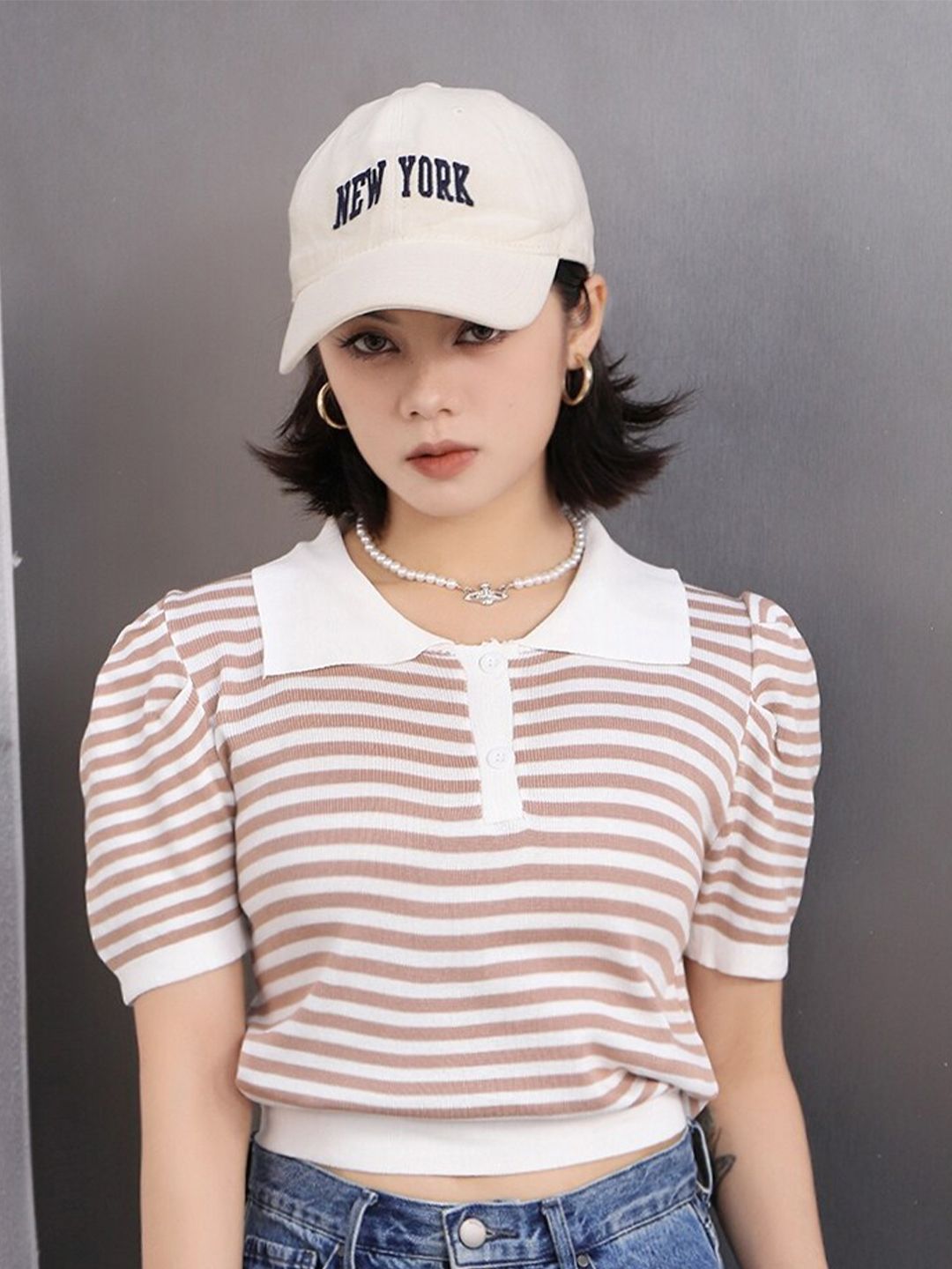 StyleCast Brown Teen Girls Horizontal Striped Shirt Collar Puff Sleeves Top-picture-23