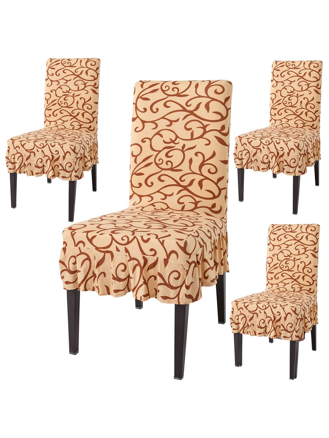 HOKIPO Beige & Brown 4 Pieces Printed Stretchable Frill Chair Covers-picture-27