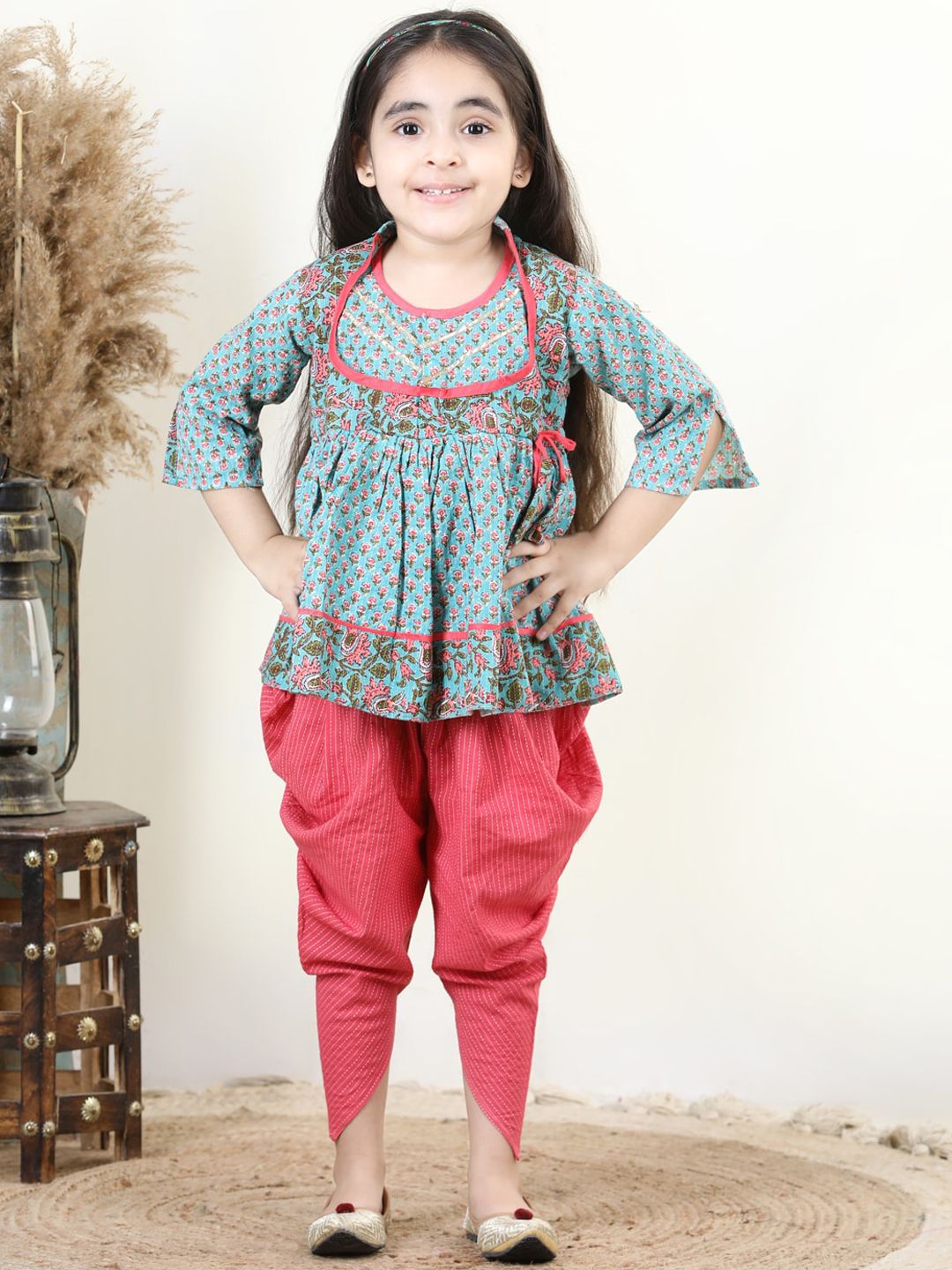 Sangria Girls Printed Pure Cotton Angrakha-style Kurti With Kantha Dhoti Pants-picture-21