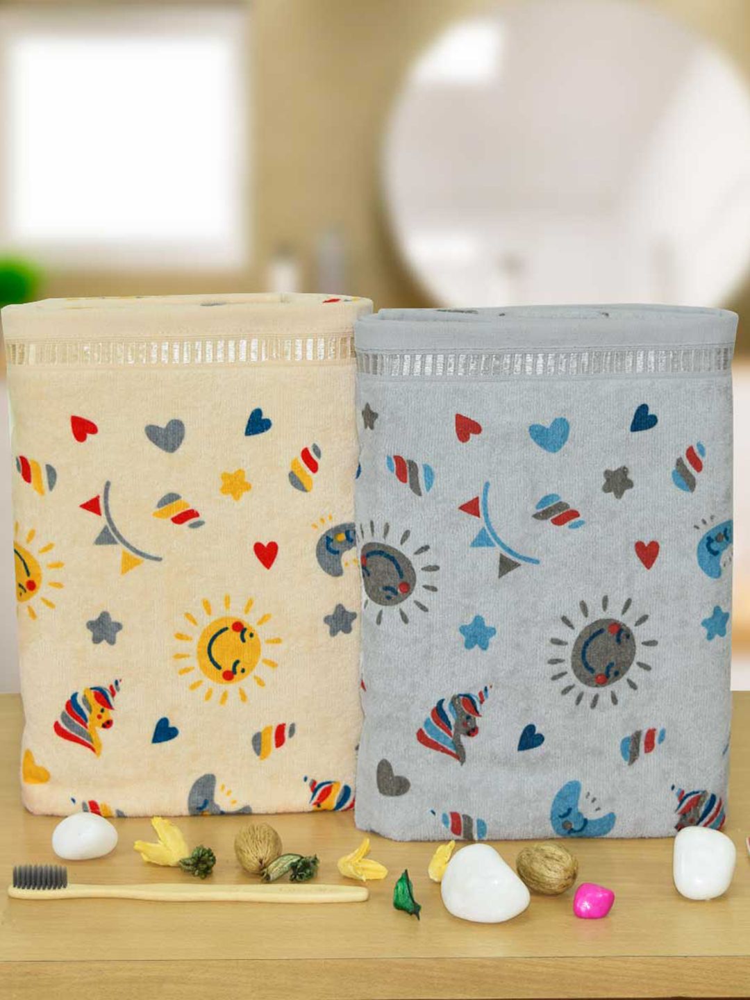RANGOLI Beige & Grey 2 Pieces Printed Cotton 380 GSM Bath Towels