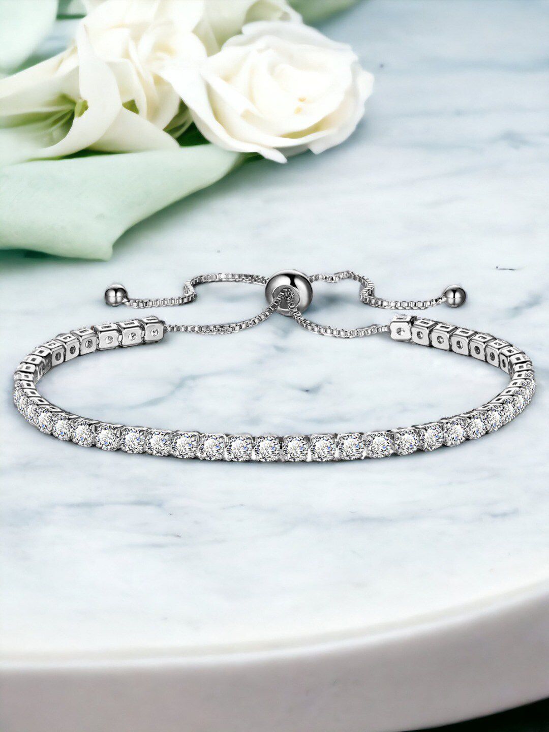Designs & You Silver Plated Round Cut Cubic Zirconia White Matrix Tennis Bracelet-image-40