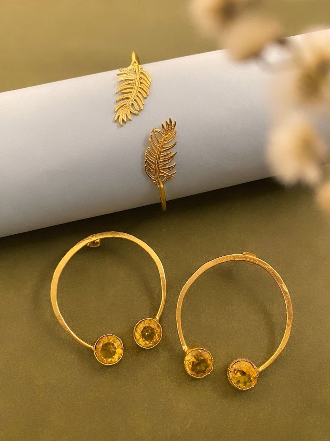 ATIBELLE Set Of 2 Gold-Plated Stone Studded Leaf & Circular Shaped Bracelet With Earrings