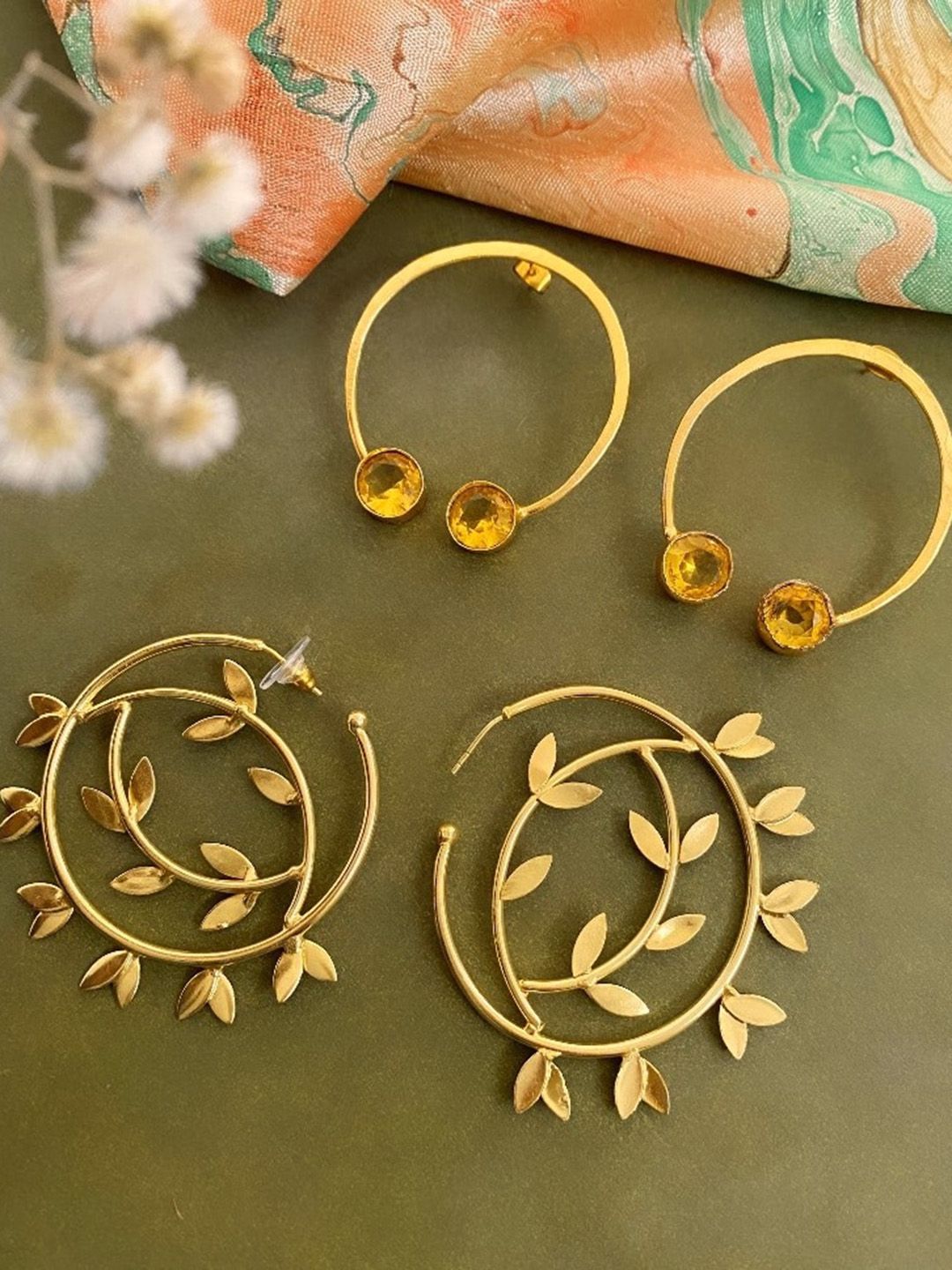 ATIBELLE Set Of 2 Gold-Plated Stone-Studded Brass Half Hoop Earrings