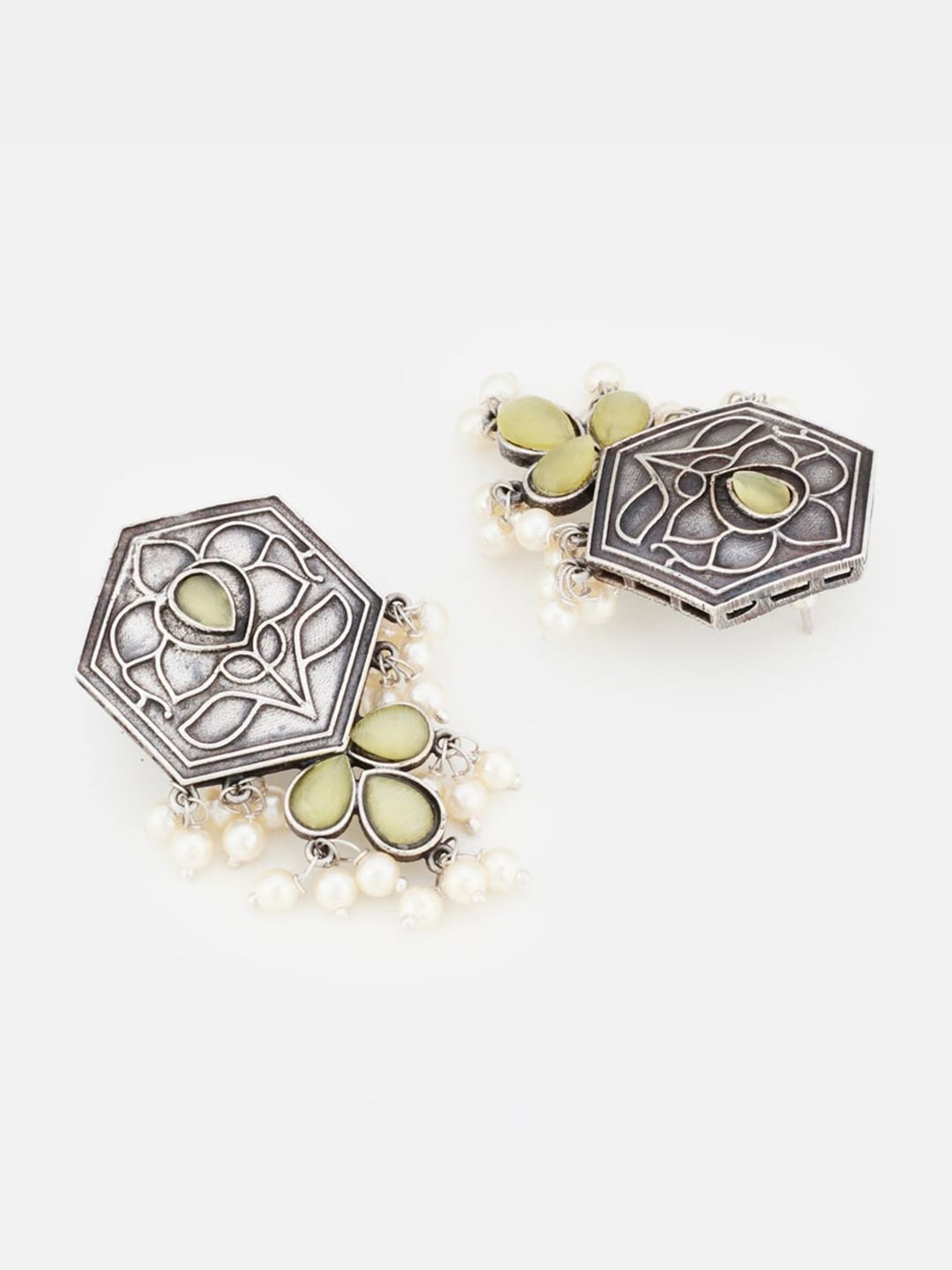 ATIBELLE Set Of 3 Silver-Plated Stone Studded & Pearls Beaded Bangles With Earrings
