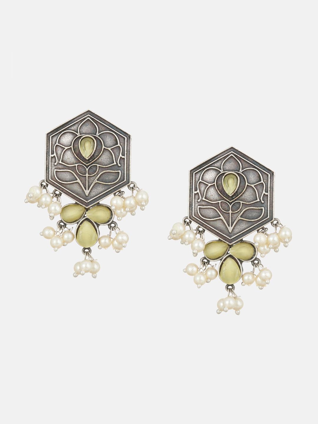 ATIBELLE Set Of 3 Silver-Plated Stone Studded & Pearls Beaded Bangles With Earrings