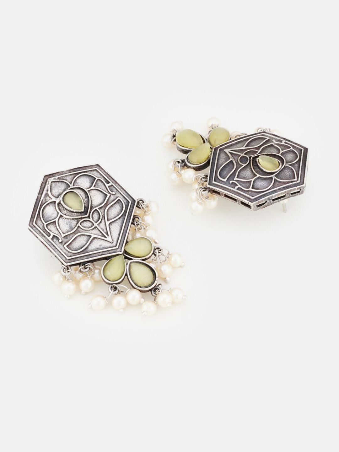 ATIBELLE Set Of 2 Silver-Plated Stone-Studded & Beaded German Silver Drop Earrings