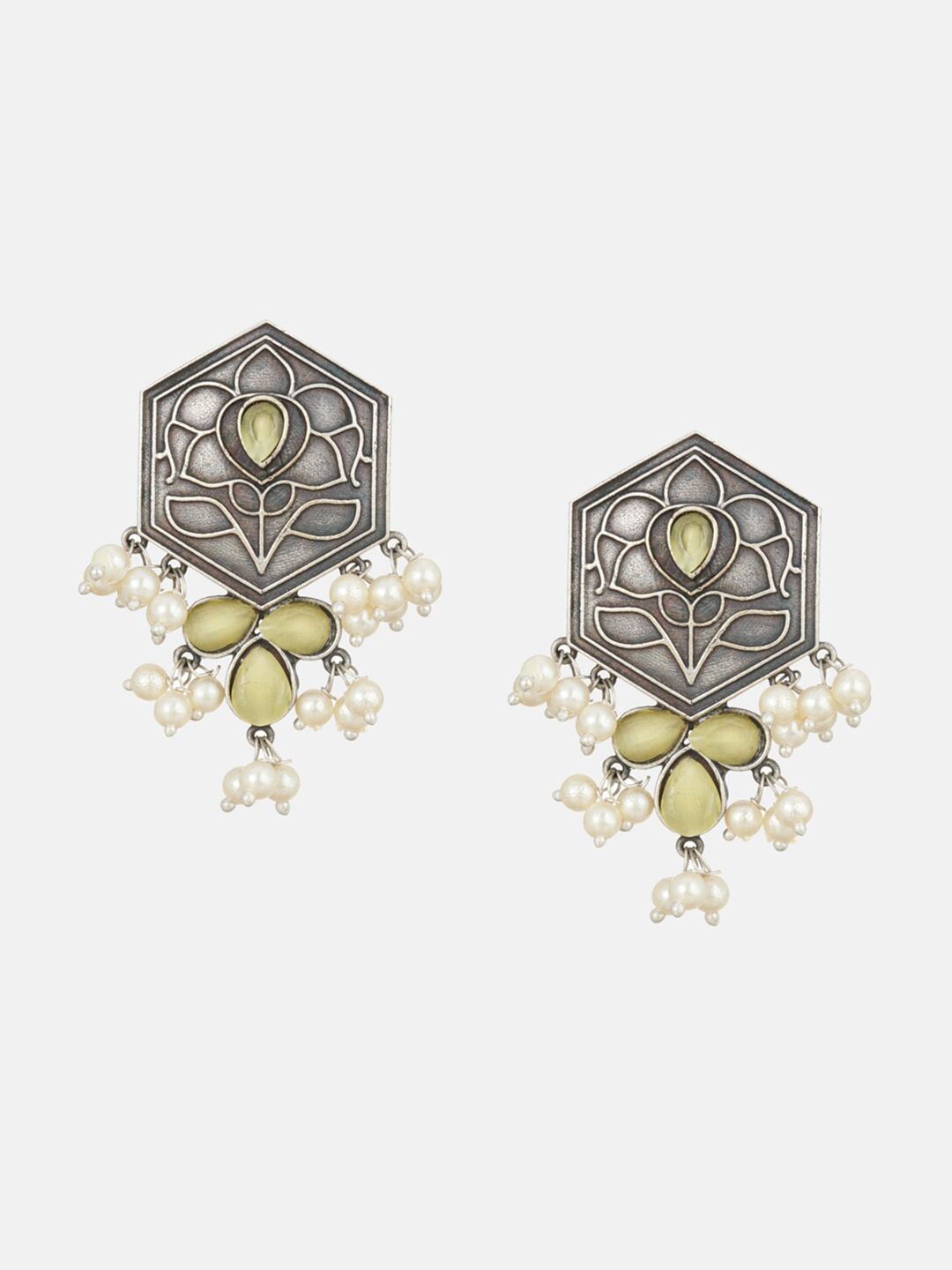 ATIBELLE Set Of 2 Silver-Plated Stone-Studded & Beaded German Silver Drop Earrings