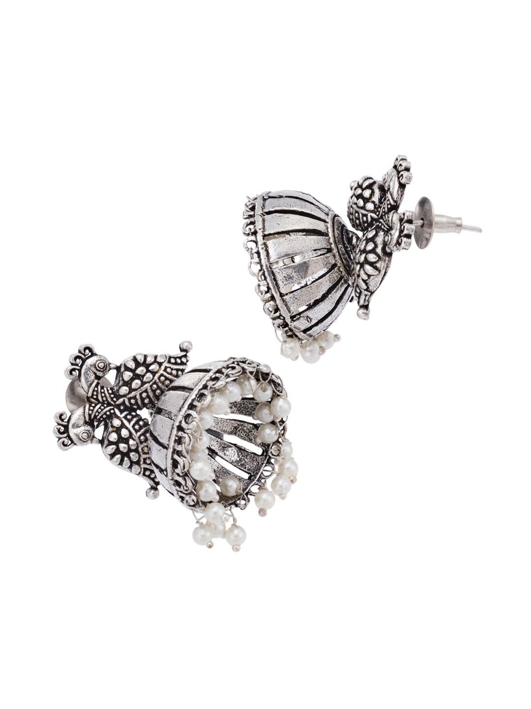ATIBELLE Set Of 2 Silver-Plated Beaded German Silver Studs Earrings & Jhumkas