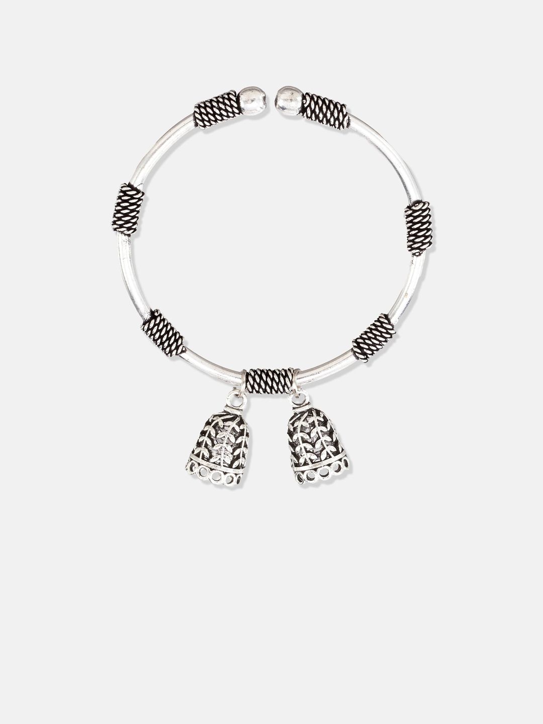ATIBELLE Silver-Plated Floral Textured Ghunghroo Jewellery Set
