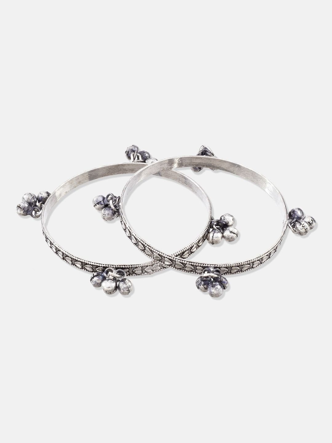 ATIBELLE Silver-Plated Floral Textured Ghunghroo Jewellery Set