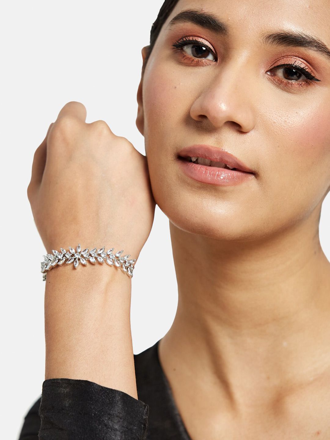 ATIBELLE Women Set Of 2 Silver-Plated American Diamond Bangle-Style Bracelet
