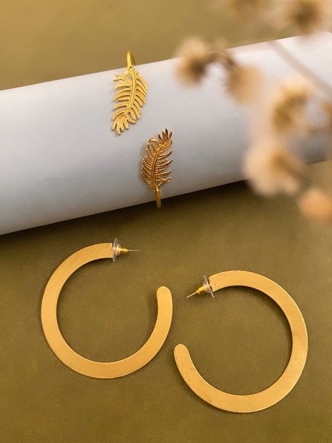 ATIBELLE Set Of 2 Gold-Plated Leaf & Circular Shaped Adjustable Bracelet With Earrings