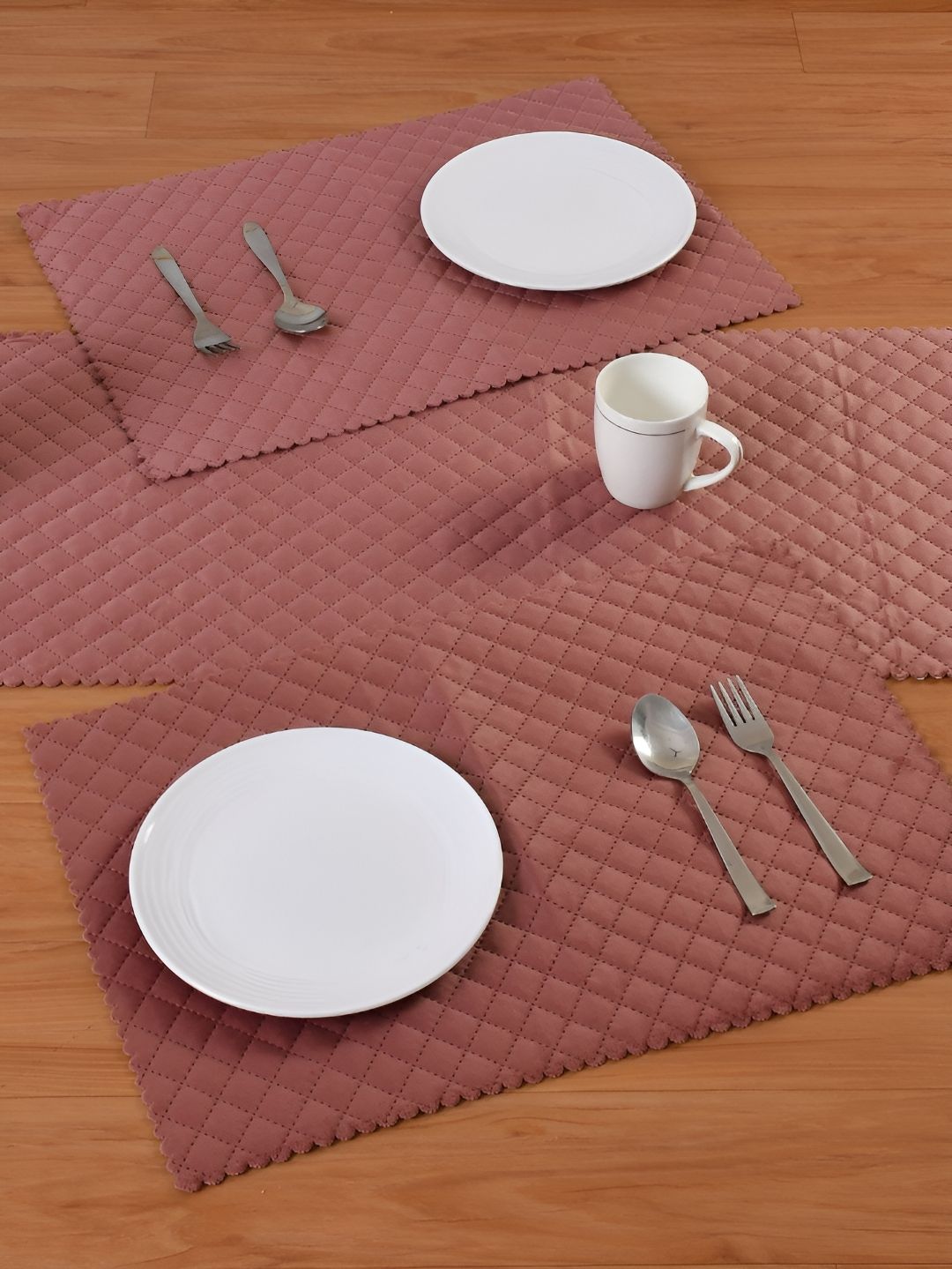 HOMADORN Pink 7 Pieces Velvet Quilted Table Linen Sets-image-13