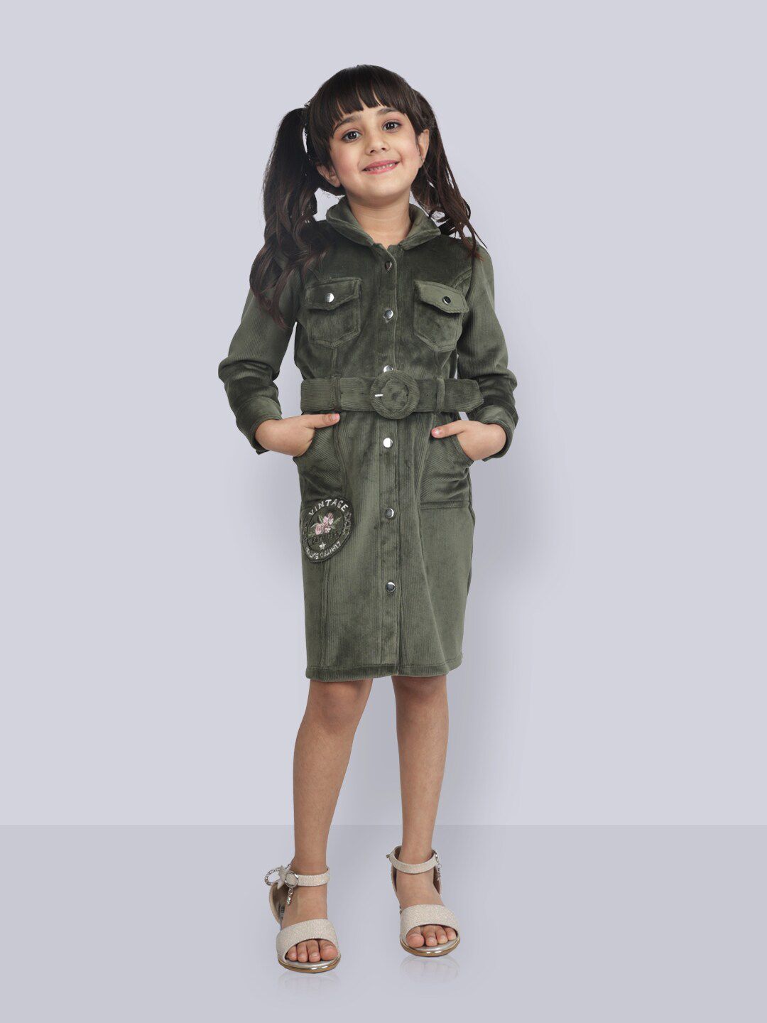 Peppermint Girls Mock Collar Cuffed Sleeves Shirt Dress With Belt-picture-58