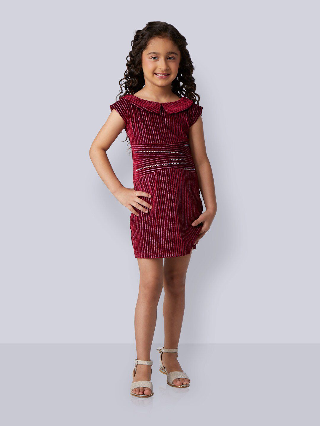 Peppermint Girls Self Design Boat Neck Stone Detail Velvet Sheath Dress-picture-17