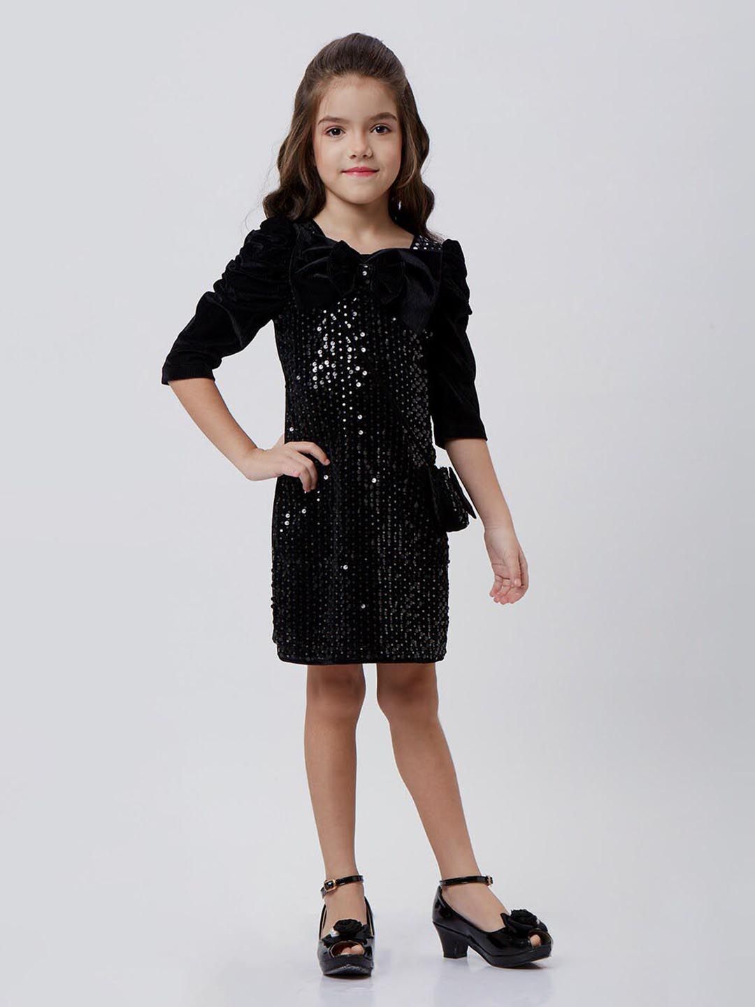 Peppermint Girls Embellished Puff Sleeves Bows Detailed Sequined Velvet Sheath Dress-picture-10