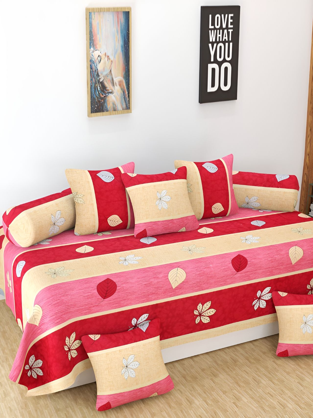 Kritarth Handicrafts Red & Brown 8 Pcs Red & Yellow Floral 250 TC Pure Cotton Diwan Set-image-25