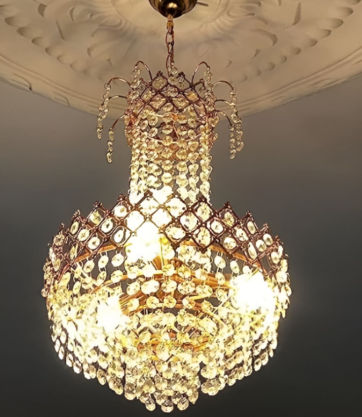 SHRI MAHAL ANTIQUES Gold-Toned & White Crystal Chandelier Ceiling Lamp