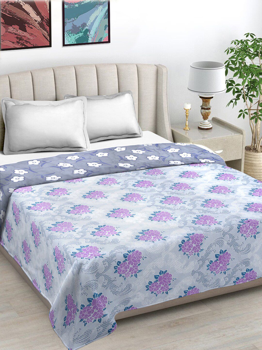 FABINALIV Grey & Pink Floral Mild Winter Reversible 350 GSM Double Bed Comforter-image-46