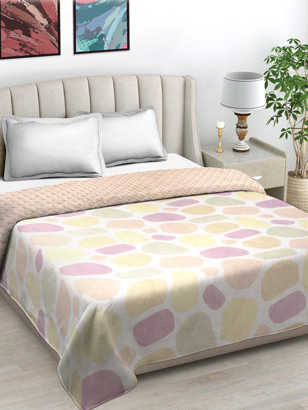 FABINALIV Beige & Pink Geometric Mild Winter Reversible 350 GSM Double Bed Comforter-image-44