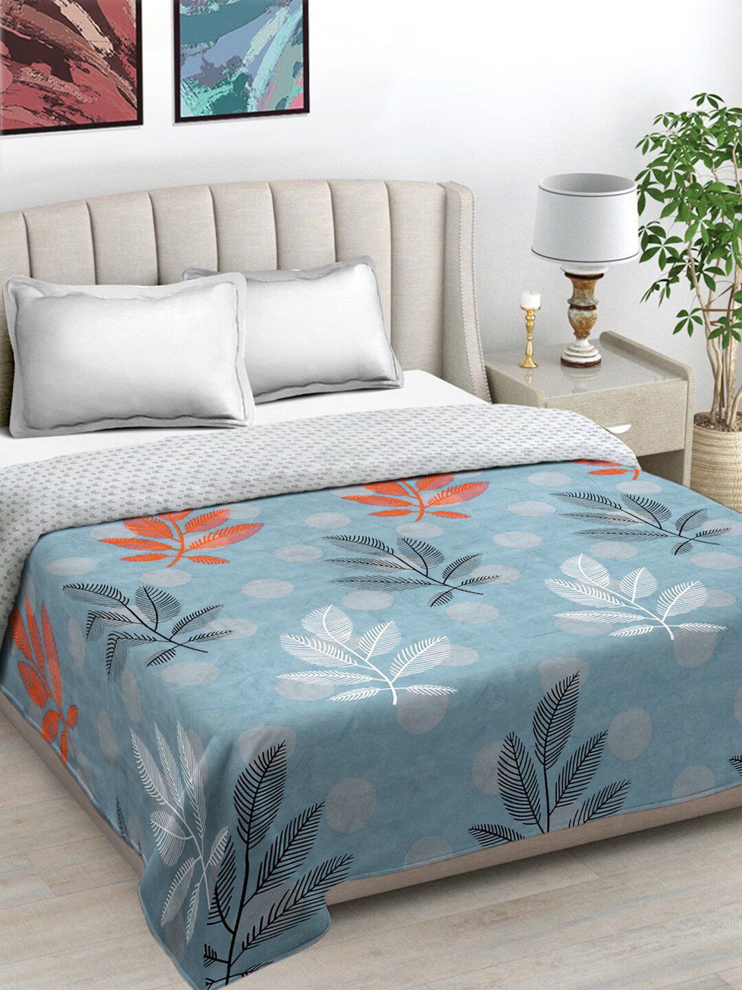 FABINALIV Blue & White Floral Mild Winter Reversible 350 GSM Double Bed Comforter-image-47
