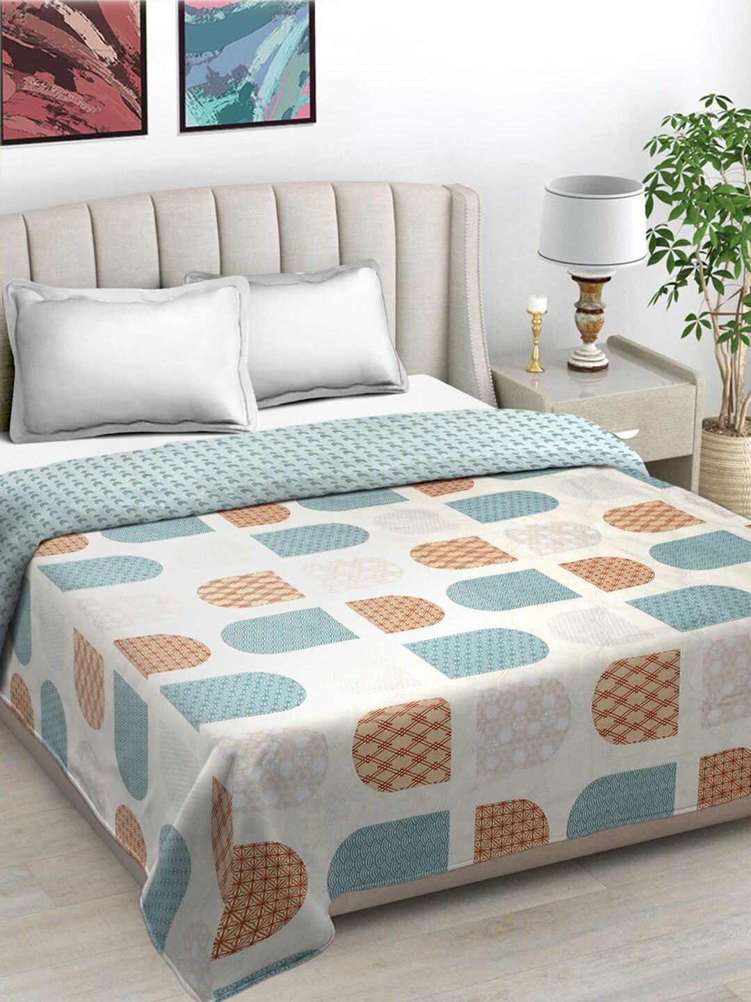 FABINALIV White & Brown Geometric Mild Winter Reversible 350 GSM Double Bed Comforter-image-43