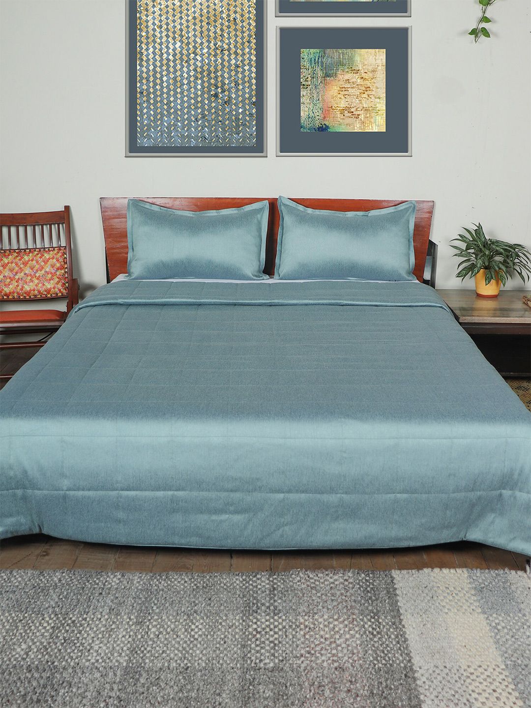ZEBA Teal Blue Quilted AC Room 500 GSM Double Bed Quilt with 2 Pillow Covers-image-13